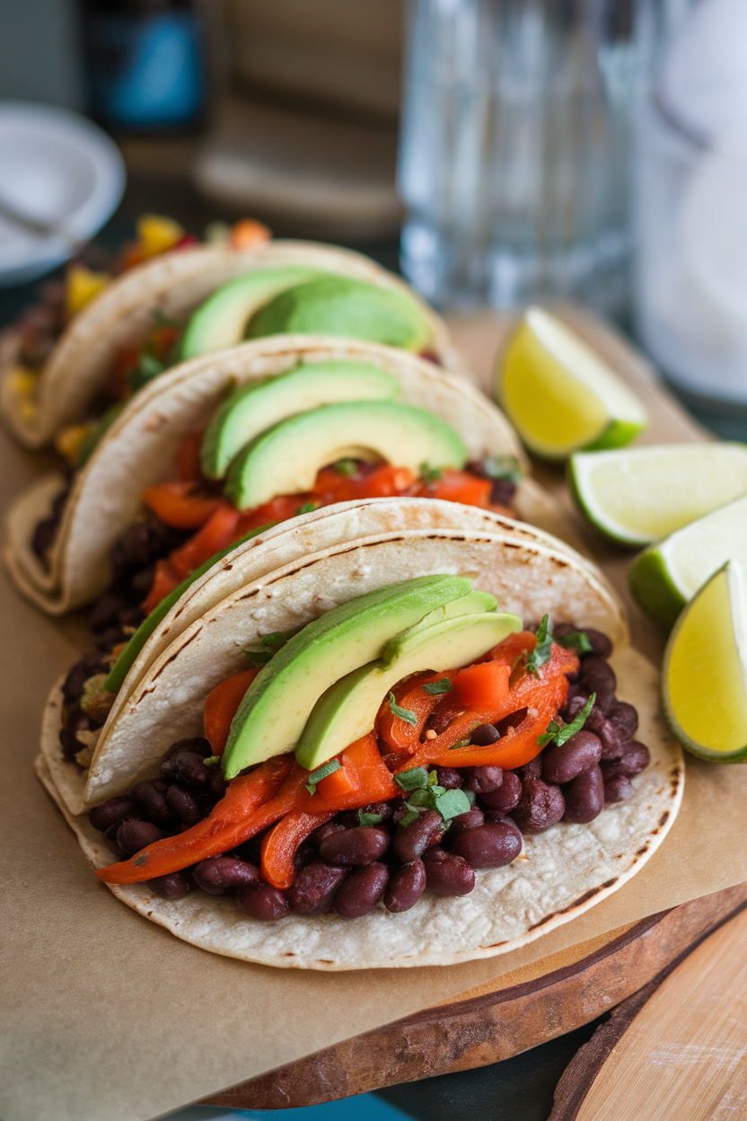 An indoor taco night setup with corn tortillas filled with seasoned black beans, sautéed peppers, and sliced avocado, lime wedges on the side. No text or logos anywhere.