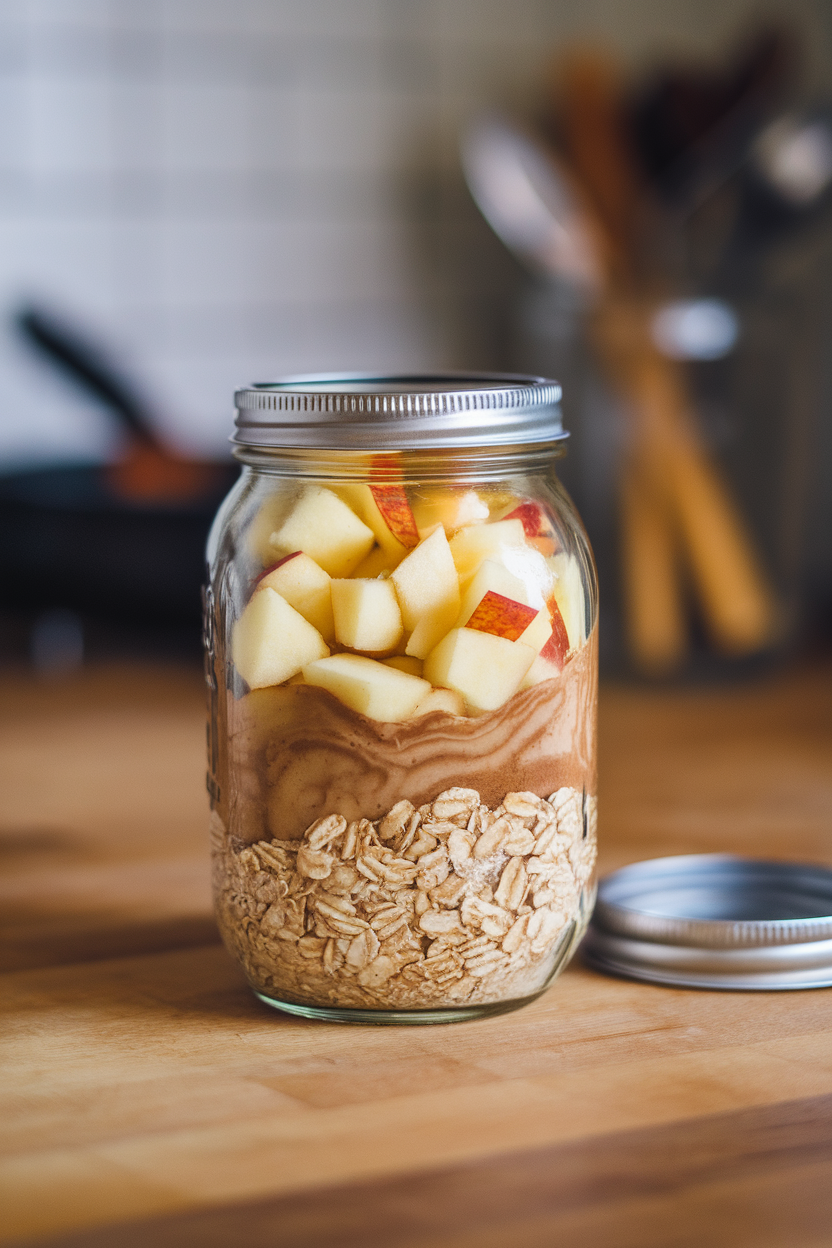 A mason jar on an indoor countertop layered with oats, diced apples, and cinnamon swirl, lid resting nearby. No text or logos. Photo only.