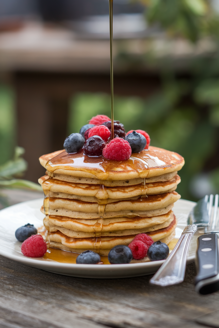 Indoor stack photo of golden almond-flour pancakes topped with mixed berries and a light pour of pure maple syrup, no text or logos.