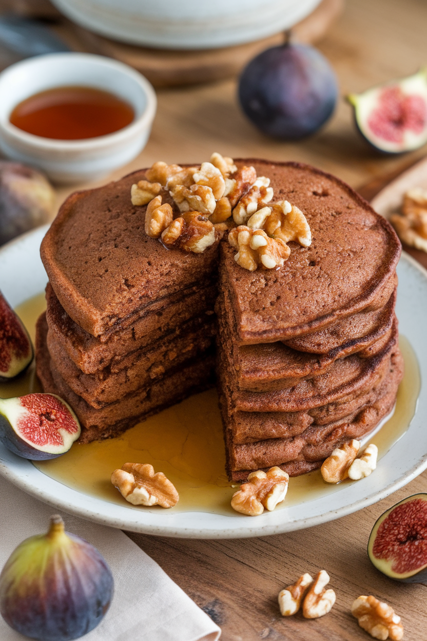 Indoor photo of hearty brown pancakes with visible fig pieces and walnut chunks, served with maple syrup; no text or logos.