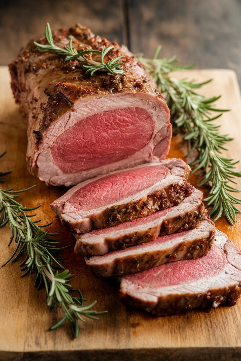 An indoor cutting board with medium-rare leg of lamb slices, rosemary sprigs scattered around, photo, no text or logos.