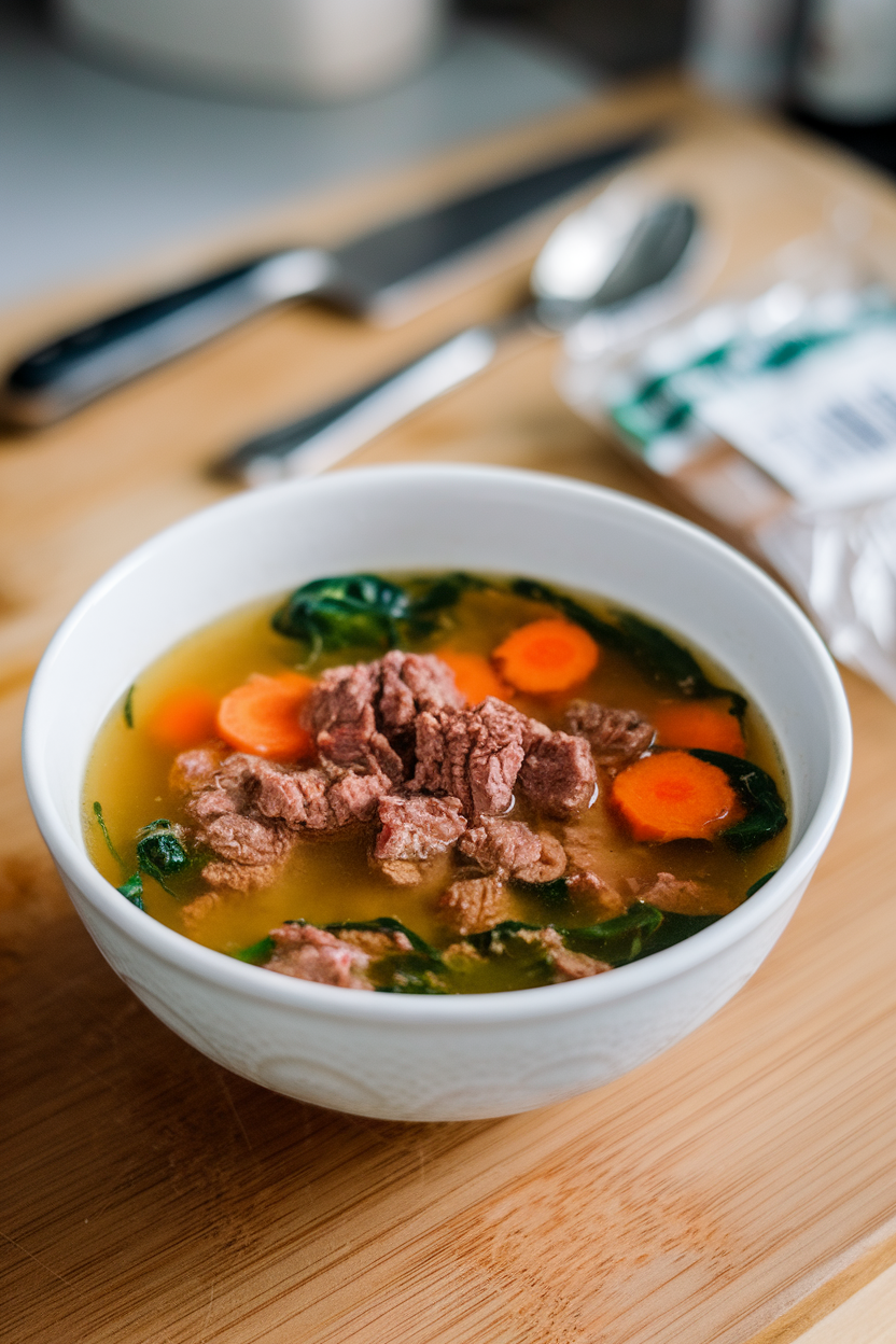 Indoor bowl of golden broth with beef crumbles, carrots, and spinach floating—no text or logos.