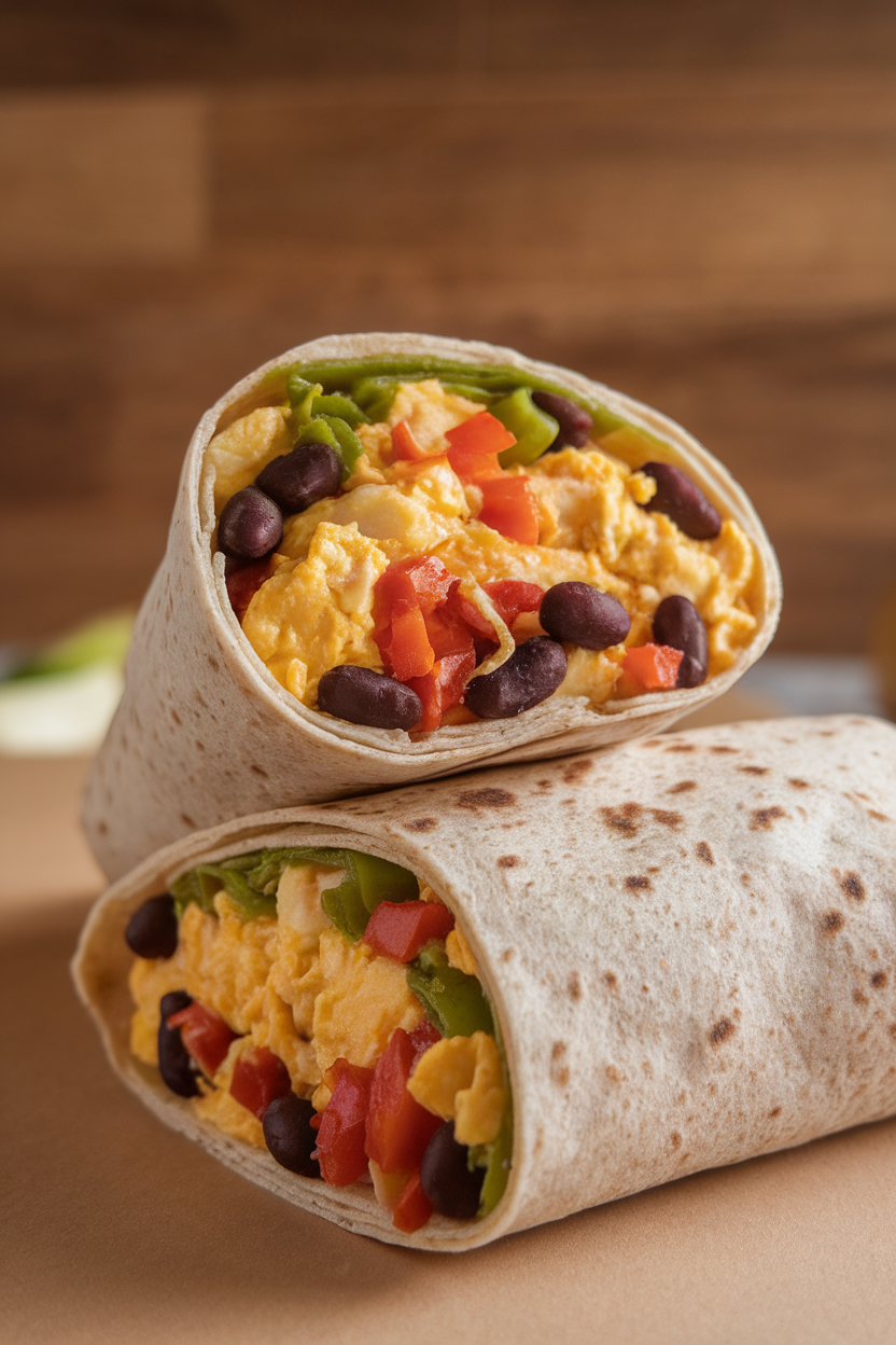 Indoor photo of a whole-wheat wrap filled with scrambled eggs, black beans, and diced peppers, cut in half to reveal filling, no text or logos.