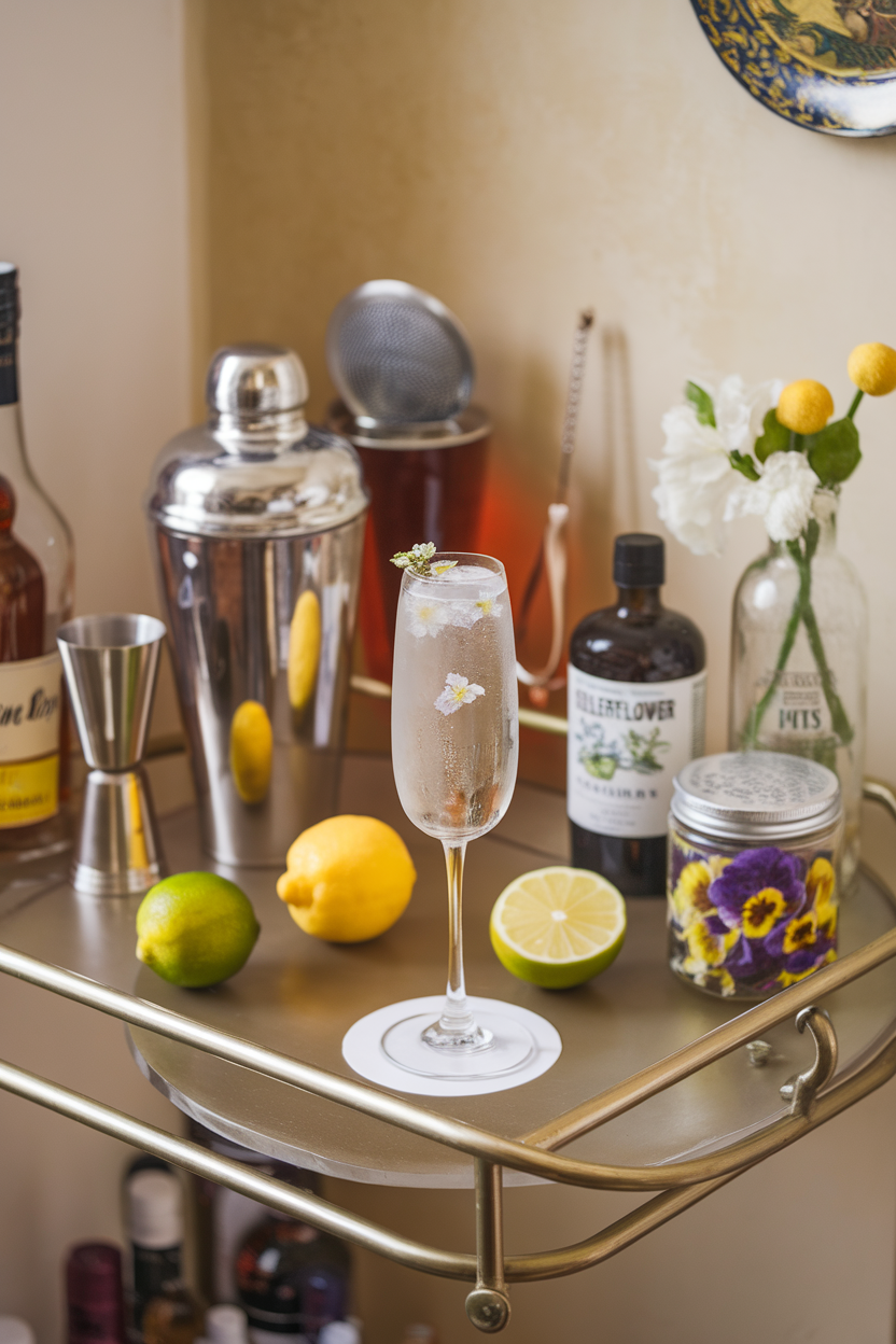 An indoor bar cart featuring a flute of clear bubbly tinged with elderflower cordial, garnished with a tiny edible flower. Photo, not illustration. No text or logos.