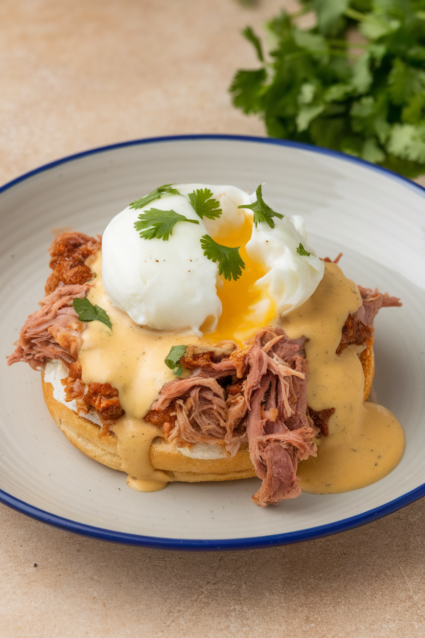 An indoor plate featuring an English muffin topped with pulled pork, poached egg, and chipotle hollandaise, cilantro garnish, no text or logos.