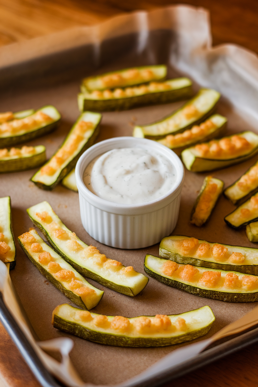 An indoor baking tray lined with parchment containing golden baked zucchini fries with a ramekin of yogurt ranch dip; warm lighting, no text or logos, photo not illustration.