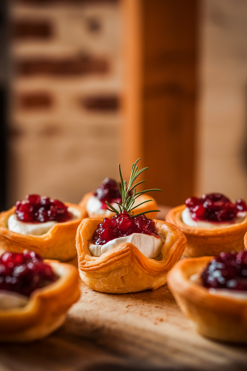 A warmly lit indoor tabletop featuring golden puff-pastry cups filled with melted Brie and glistening cranberry sauce, garnished with a tiny sprig of rosemary. No text or logos anywhere in the scene. Photo only.