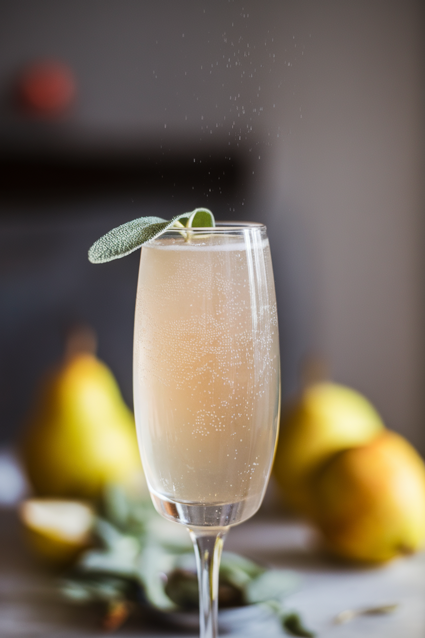 Indoor photo of a champagne flute filled with pale pear mocktail, tiny sage leaf floating on top, fine bubbles rising; no text or logos.