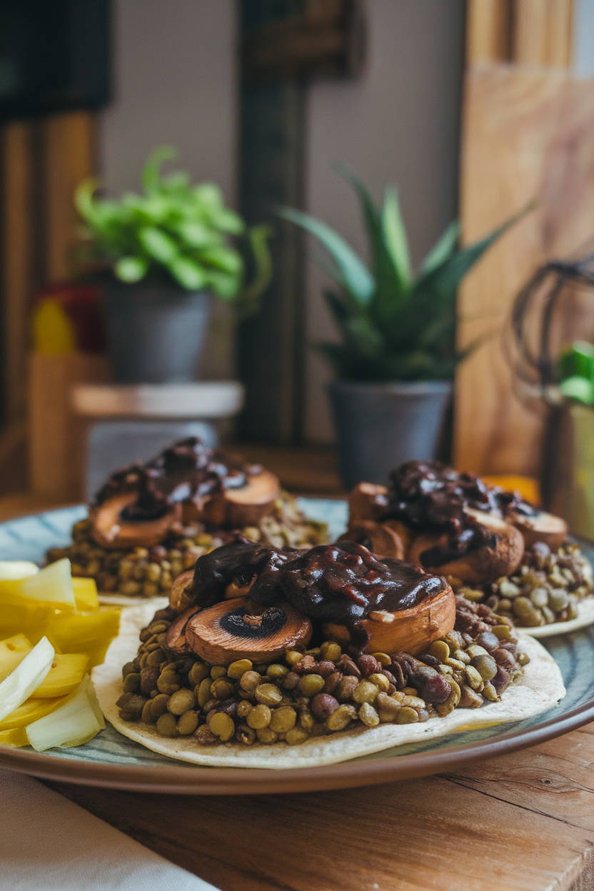 Photo of tortillas stuffed with roasted mushrooms and lentils, topped with dark mole sauce, indoor scene, no logos.