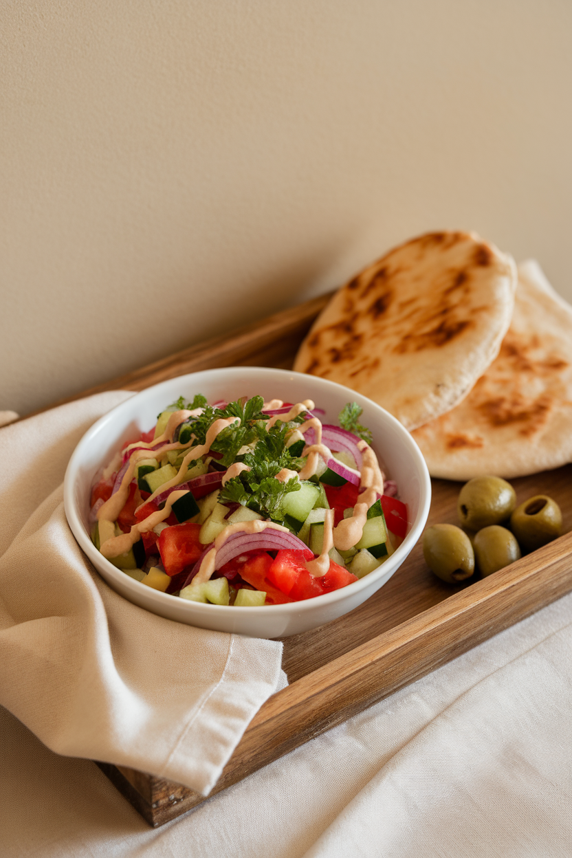 Photo of an indoor dining setup with finely diced cucumber, tomato, red onion, and parsley in a bowl, drizzled with tahini-lemon sauce. No logos or text.