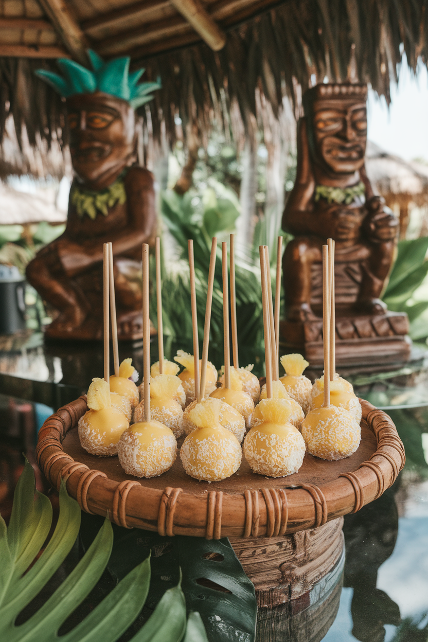 Photo, not illustration. Indoor tiki bar setting. Yellow cake pops rolled in sweetened coconut flakes, garnished with a tiny dried pineapple bit, on a bamboo platter. No text or logos.