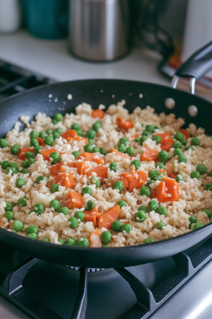 Indoor stovetop shot of a skillet containing cooked cauliflower rice mixed with peas, carrots, and scrambled egg, all glistening in a light soy glaze. No text or logos in scene.
