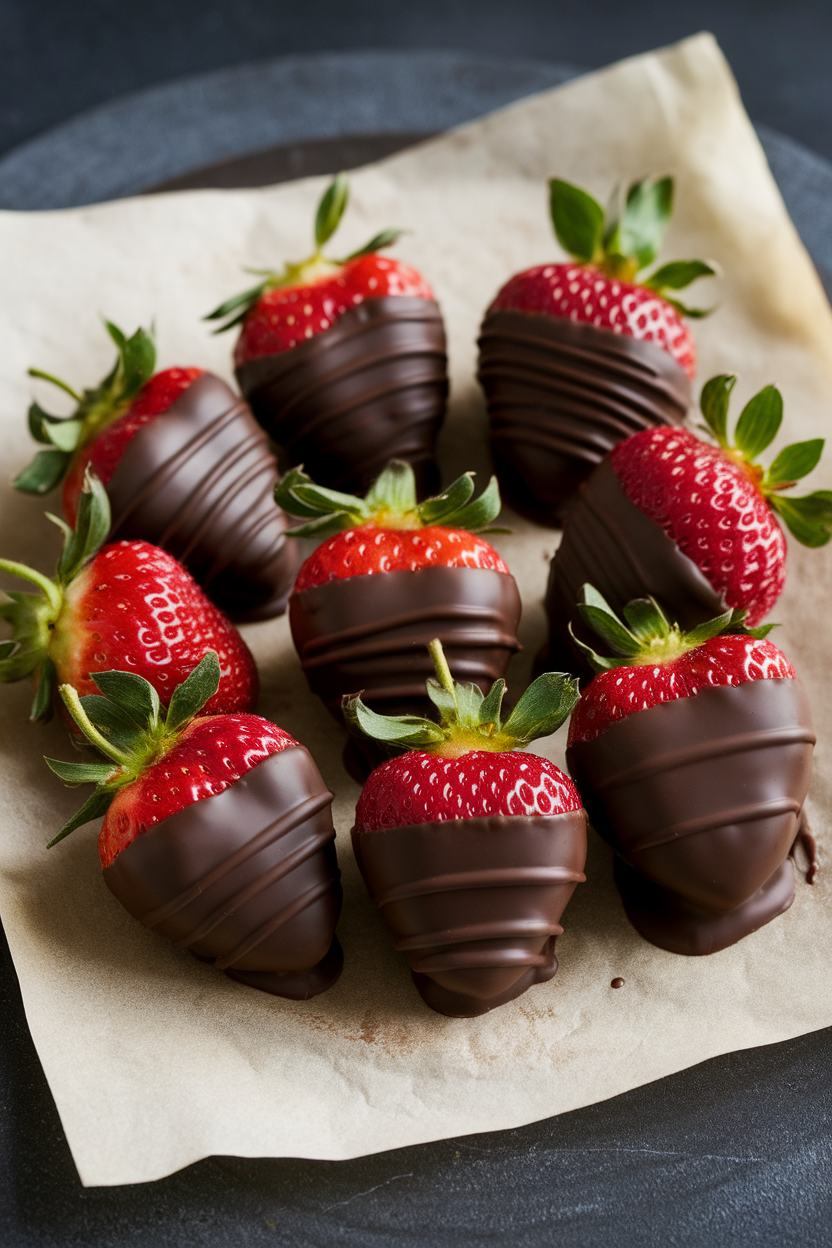An indoor photo of several ripe strawberries half-dipped in glossy dark chocolate, set on parchment paper. No text or logos.