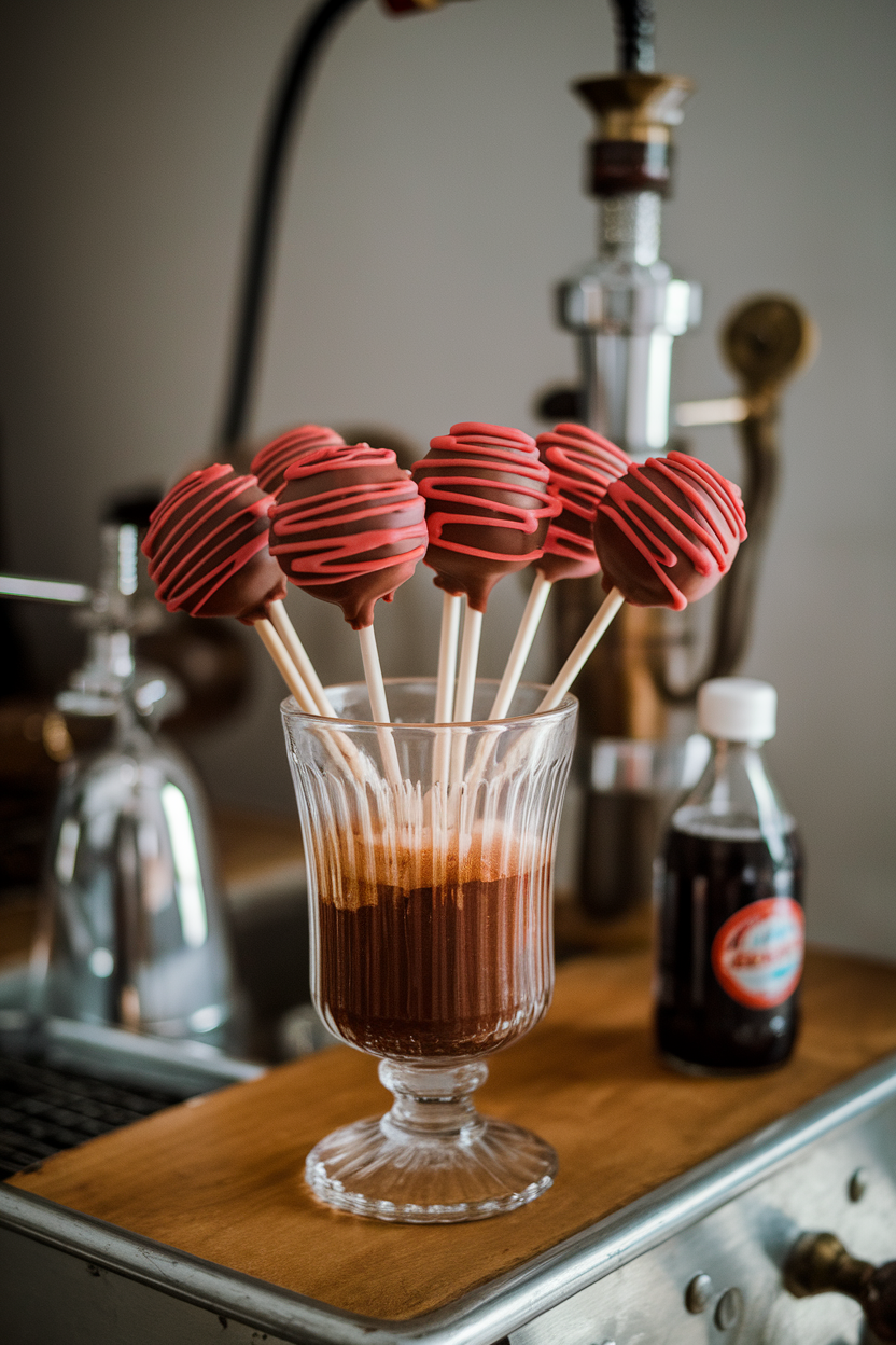 Photo, not illustration. Indoor vintage soda-bar set. Chocolate-cherry cake pops coated in cola-flavored candy melt with a small red drizzle, displayed in a glass soda fountain cup. No text or logos.