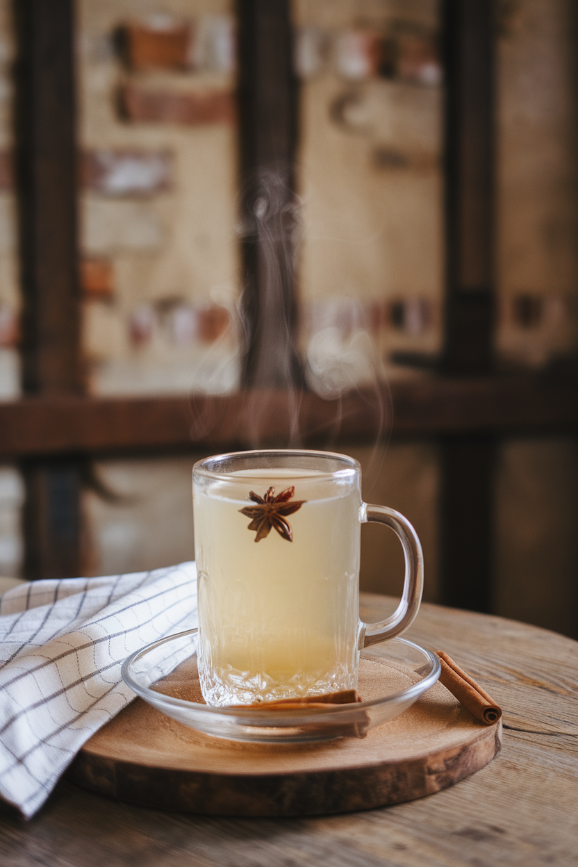 Indoor rustic table with a clear mug of pale pear cider, thin mist of steam rising, star anise floating, cinnamon stick on saucer. Photo, no text or logos.