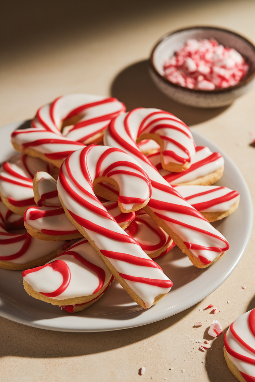 Plate of red-and-white twisted candy cane cookies under soft indoor lighting, small bowl of crushed peppermint in background. No logos or text.