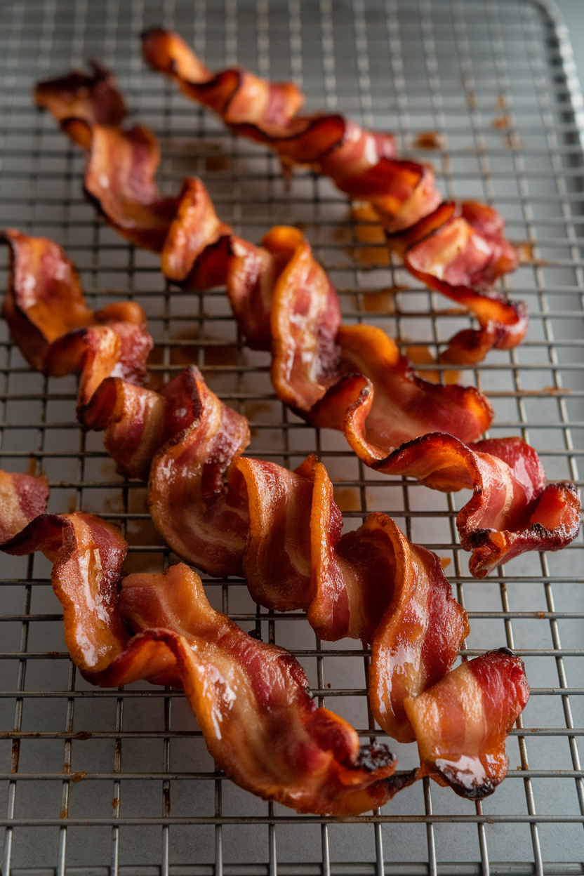 Indoor photo of twisted bacon strips lacquered with maple glaze on a wire rack, caramelized edges visible. No text or logos.