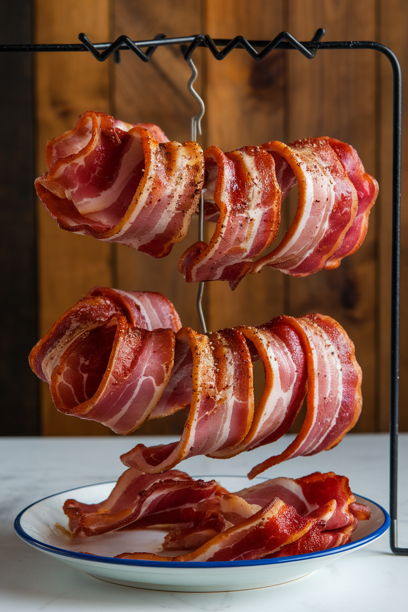 An indoor rack holding spiraled bacon strips lacquered with maple syrup and black pepper, no text or logos.
