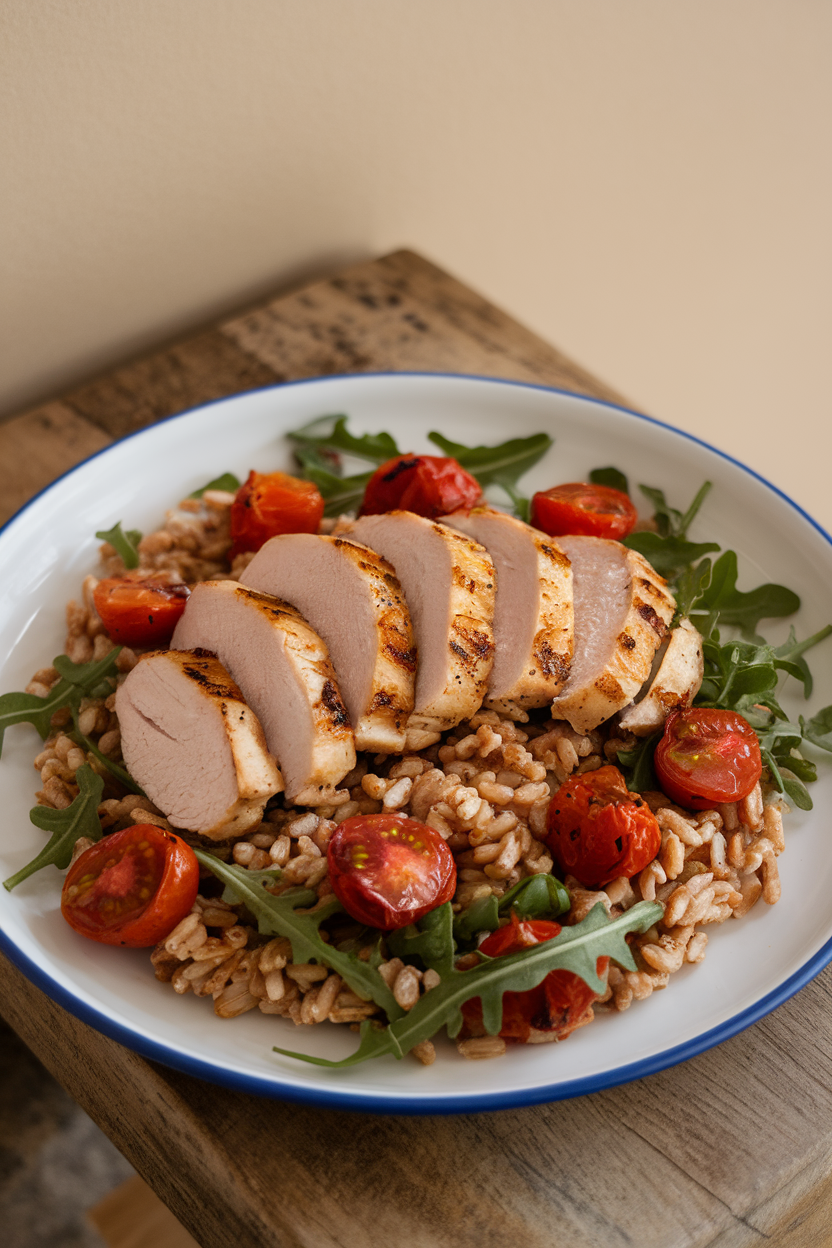 An indoor dining table with sliced grilled chicken breast atop a bed of farro, roasted cherry tomatoes, and arugula, lightly dressed. No text or logos on plate or background.