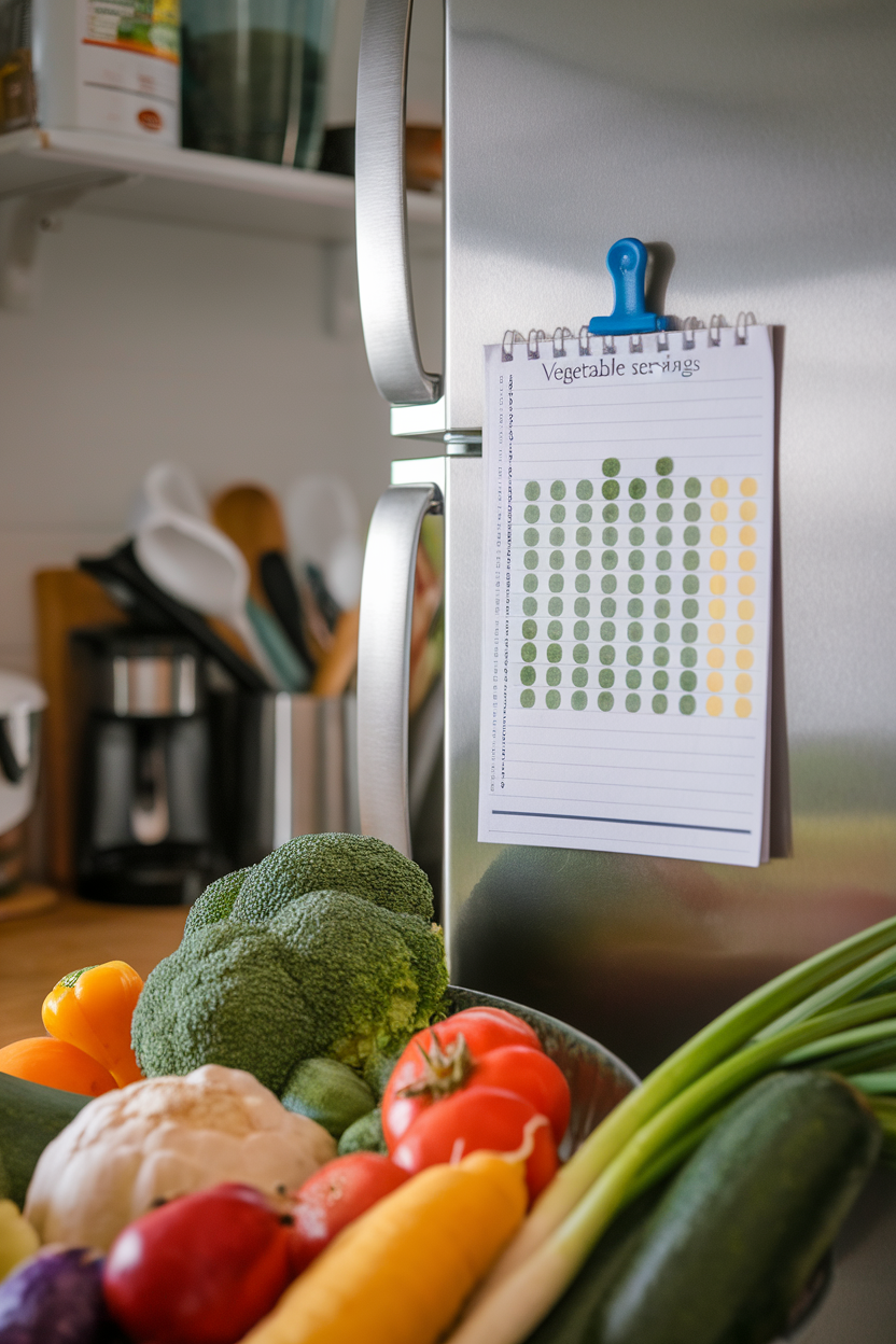 A notepad on a refrigerator door with colored dots or tallies representing daily vegetable servings. No text or logos. Photo.