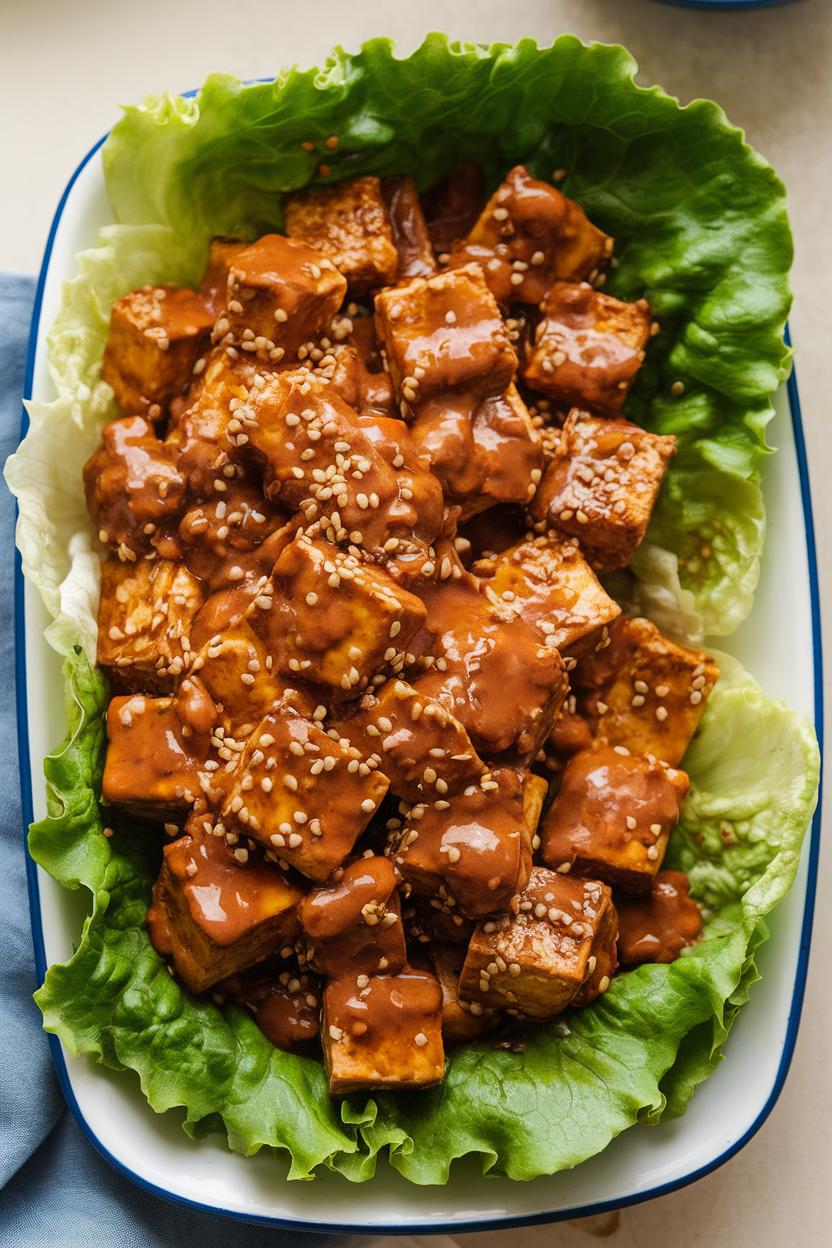 An indoor platter lined with crisp lettuce leaves filled with sautéed tofu cubes coated in a glossy peanut sauce, sprinkled with sesame seeds. No text or logos. Photo only.