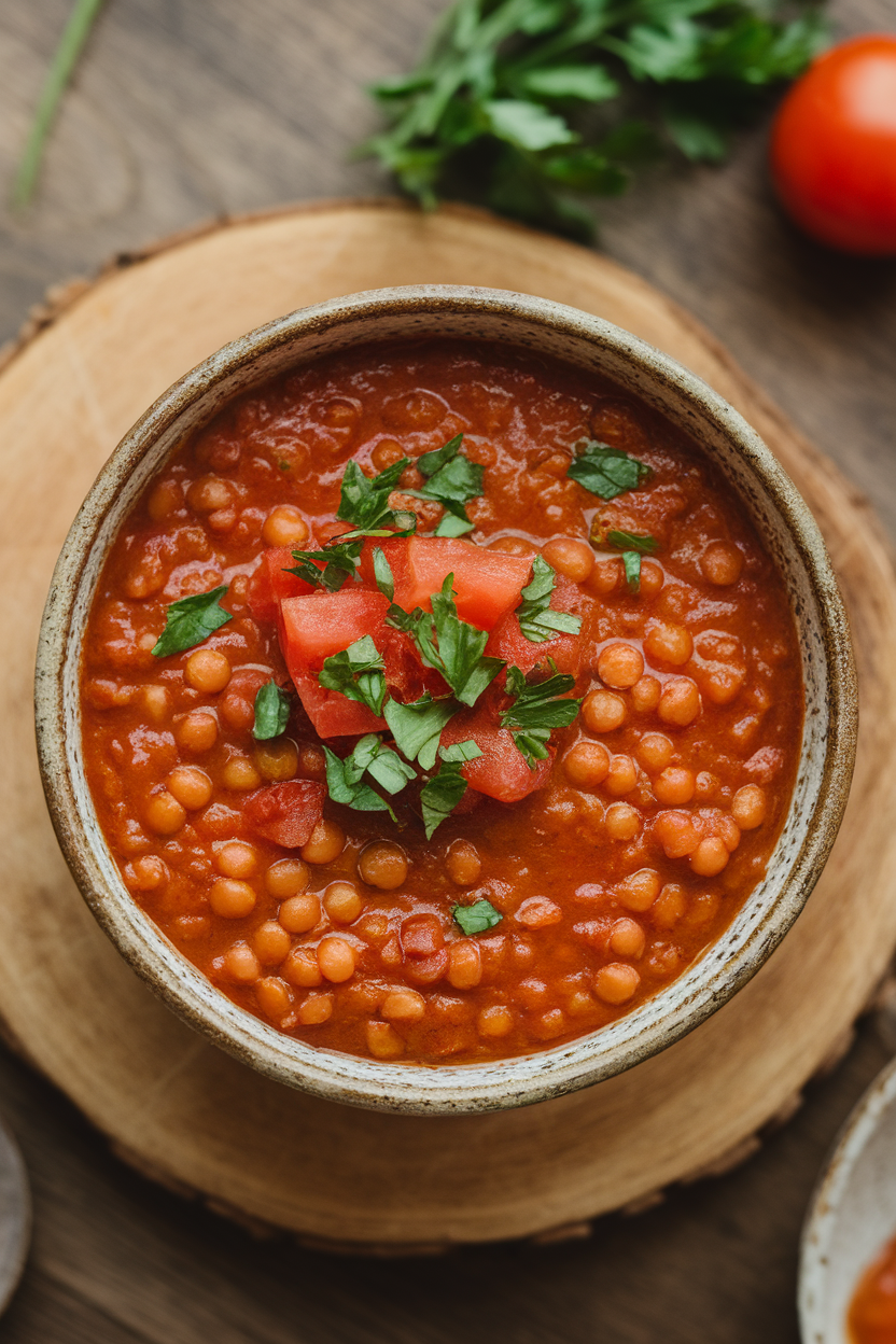 Indoor photo of a rustic bowl of thick red lentil soup with diced tomatoes, topped with chopped parsley. Overhead shot, no text or logos.