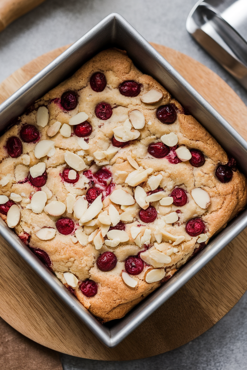 A square indoor baking dish with sliced cranberry white chocolate blondies, gooey centers visible, overhead lighting. No text or logos, photo only.