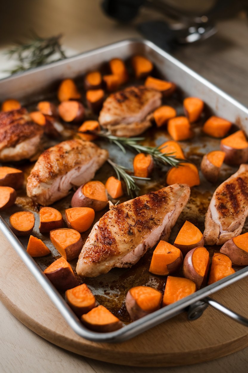Warm indoor shot of a metal sheet pan holding roasted chicken breast strips and cubed sweet potatoes sprinkled with rosemary. No text or logos. Photo.