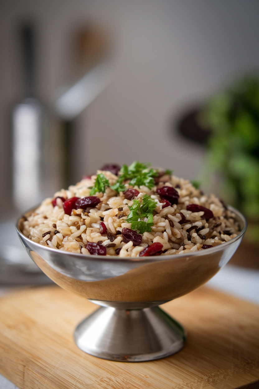 Indoor photo of a serving bowl of wild rice mixed with dried cranberries and chopped parsley. No text or logos.