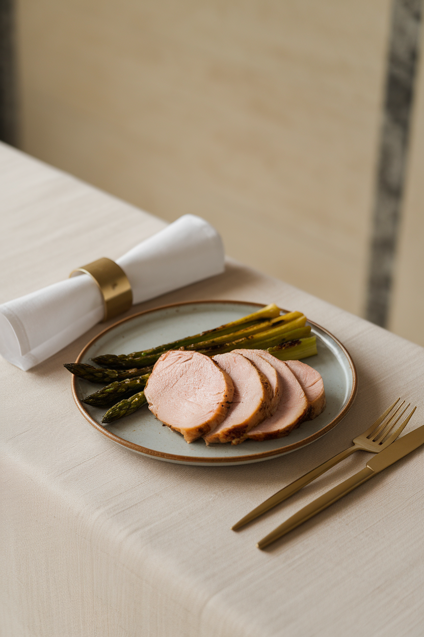 Photo prompt: An indoor dining table featuring a plate of grilled turkey breast slices alongside roasted asparagus, minimalist place setting, no branding anywhere.
