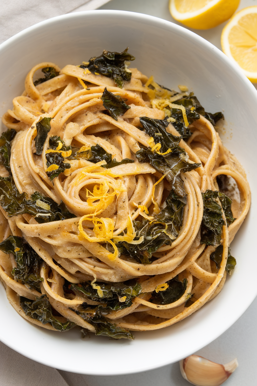 Photo of whole-grain linguine tossed with kale ribbons, garlic, and lemon zest, indoor pasta bowl. No text or logos.</Prompt