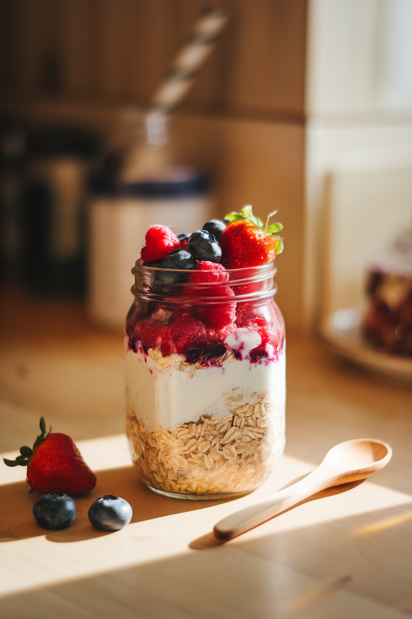 A warmly lit indoor countertop scene featuring a mason jar layered with oats, almond milk, and a vibrant mix of blueberries, raspberries, and strawberries on top. Wooden spoon resting nearby, no text or logos in view; photo, not illustration.