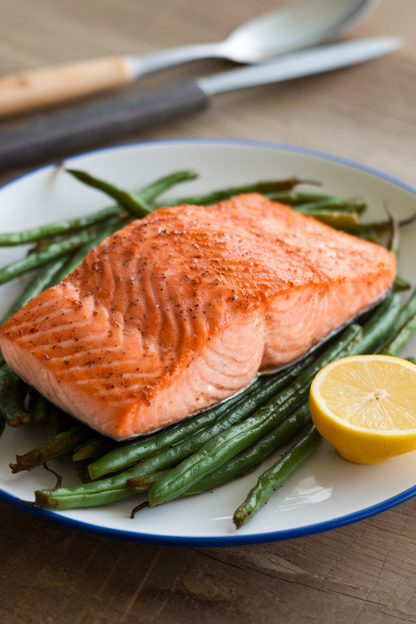 An indoor plate presenting a cooked salmon fillet brushed with honey-Dijon glaze, accompanied by crisp roasted green beans and a lemon slice. No text or logos. Photo.