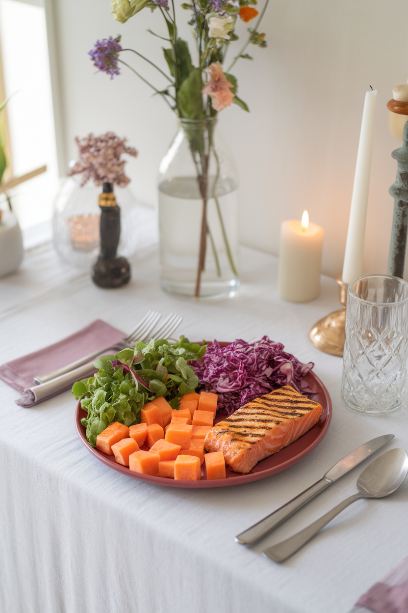 An indoor dining table featuring a plate divided into bright greens, orange sweet potato cubes, purple cabbage slaw, and grilled salmon—photo, fish cooked, no logos.