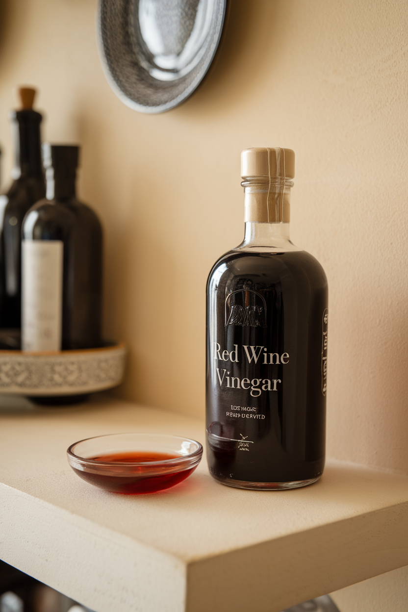 A dark glass bottle of red wine vinegar on an indoor shelf with a small dish showing its ruby color, no text or logos, photo.