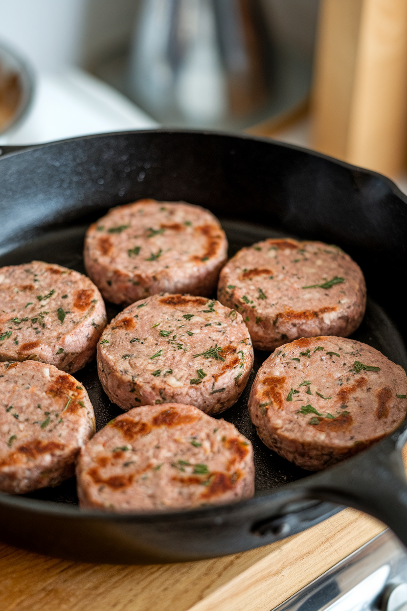 An indoor skillet showing browned turkey sausage patties, herbs visible in the meat; no branding or text.