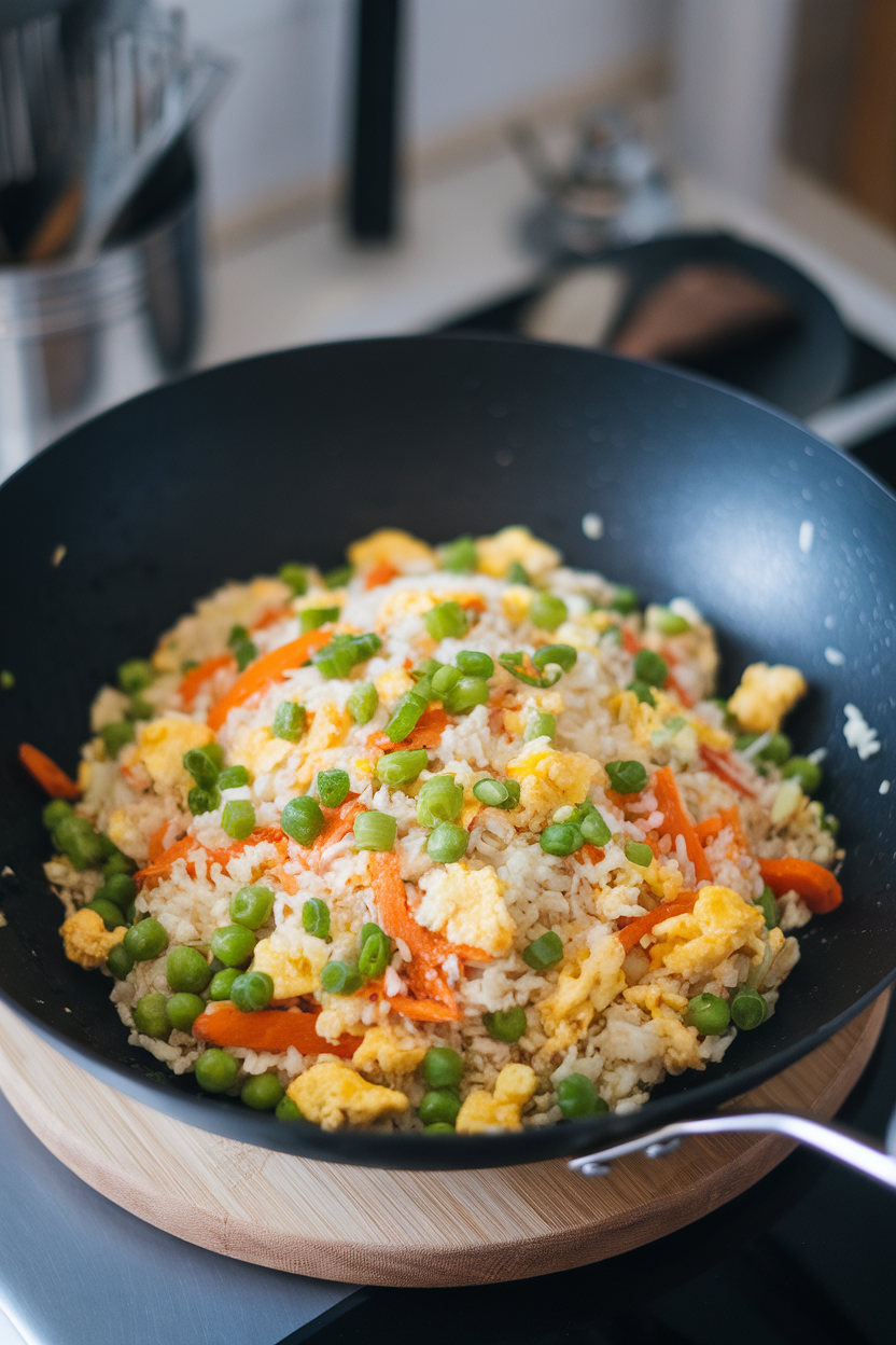 Indoor wok containing sautéed riced cauliflower with peas, carrots, and scrambled egg pieces, shot at a slight angle. No text or logos.