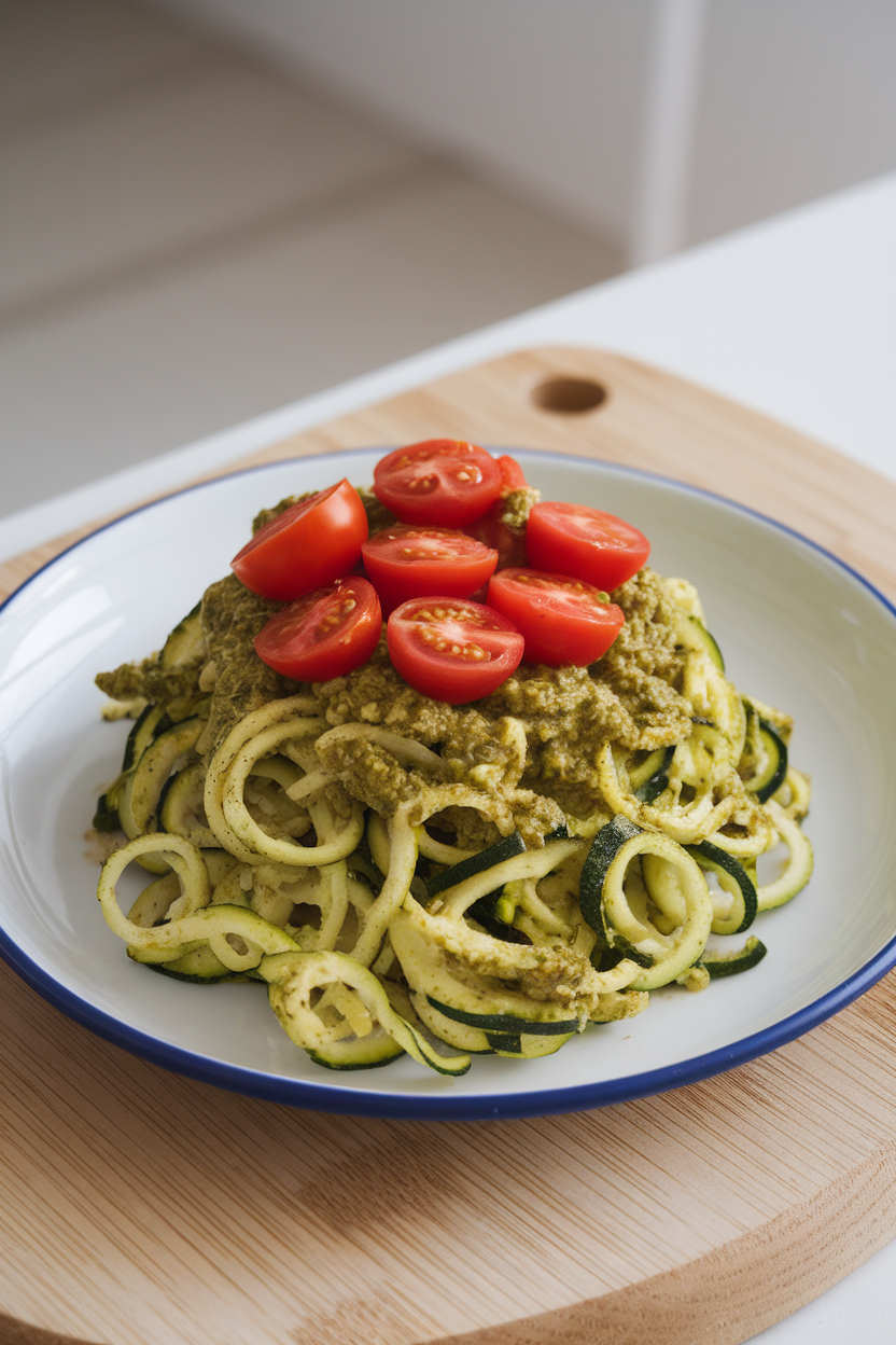 Indoor plate of spiralized zucchini coated in green pesto sauce, topped with cherry tomato halves, photographed from above. No text or logos.