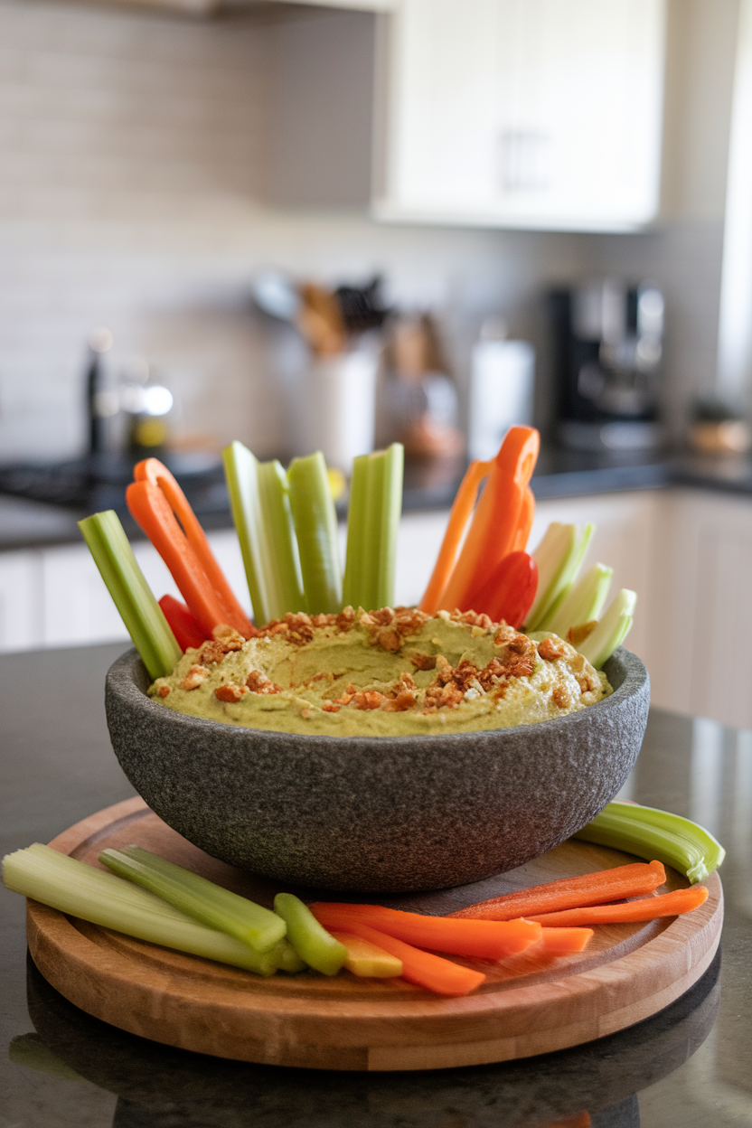 A stone bowl on an indoor countertop brimming with pale green avocado-pistachio dip, sprinkled with crushed nuts, veggie dippers beside it. Photo, no text or logos.
