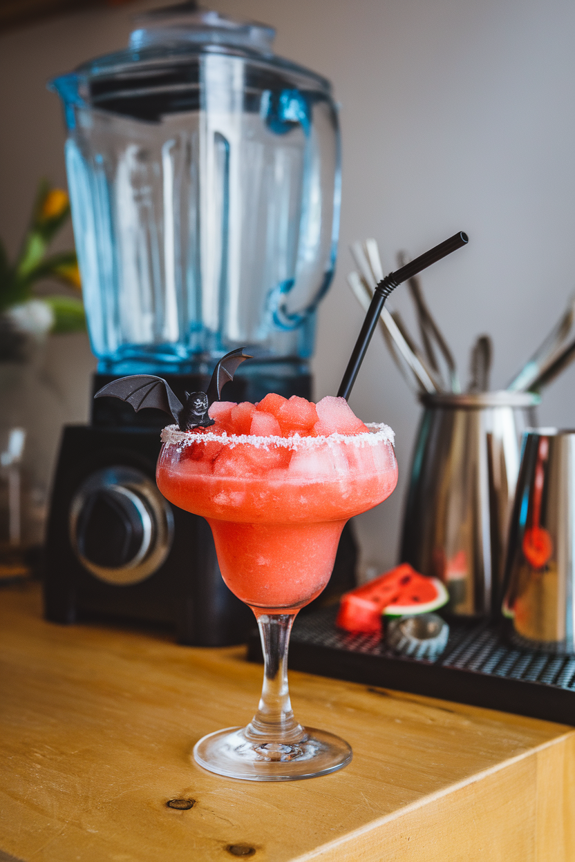 Indoor blender-bar scene with a margarita glass of icy red watermelon slush, black straw, mini plastic bat perched on rim. Photo, no text or logos.