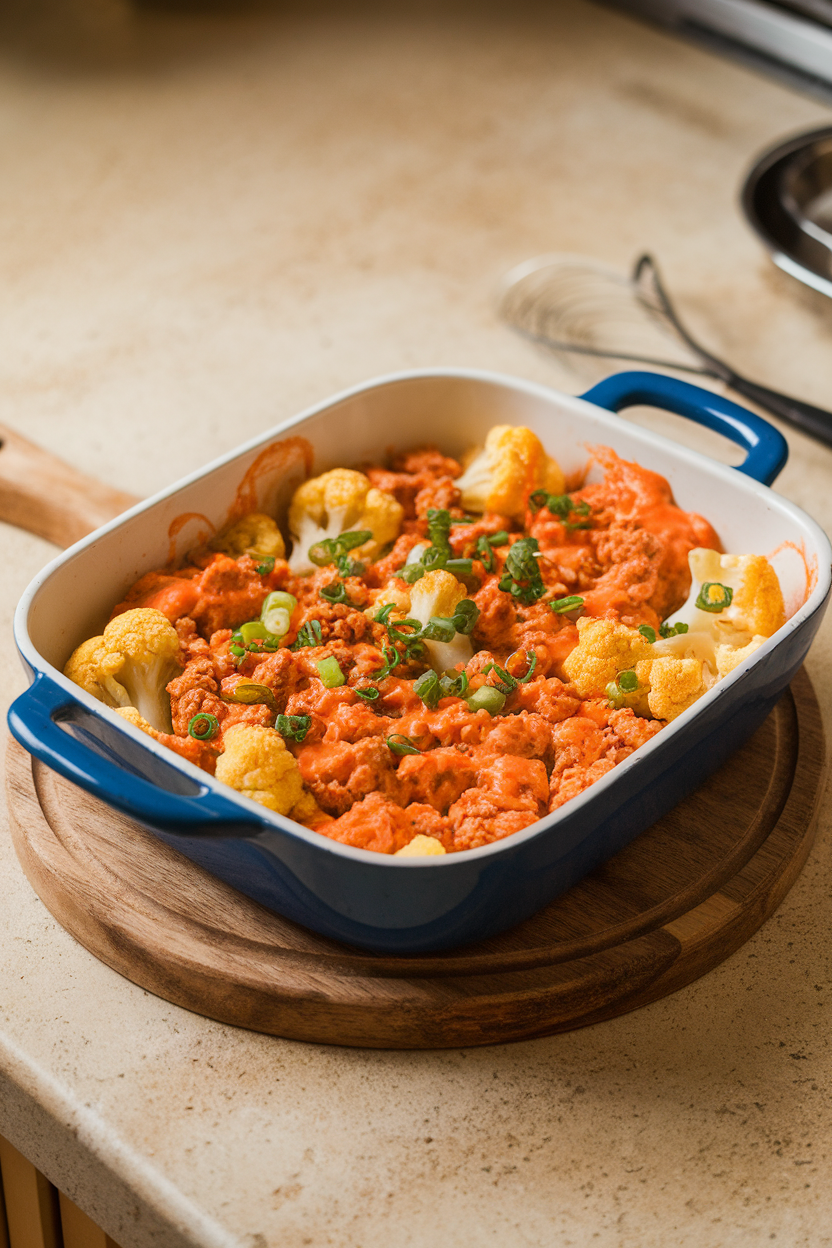 Photo of a hot casserole dish on an indoor countertop, featuring roasted cauliflower florets and ground chicken coated in orange buffalo sauce, sprinkled with chopped scallions. No text or logos.
