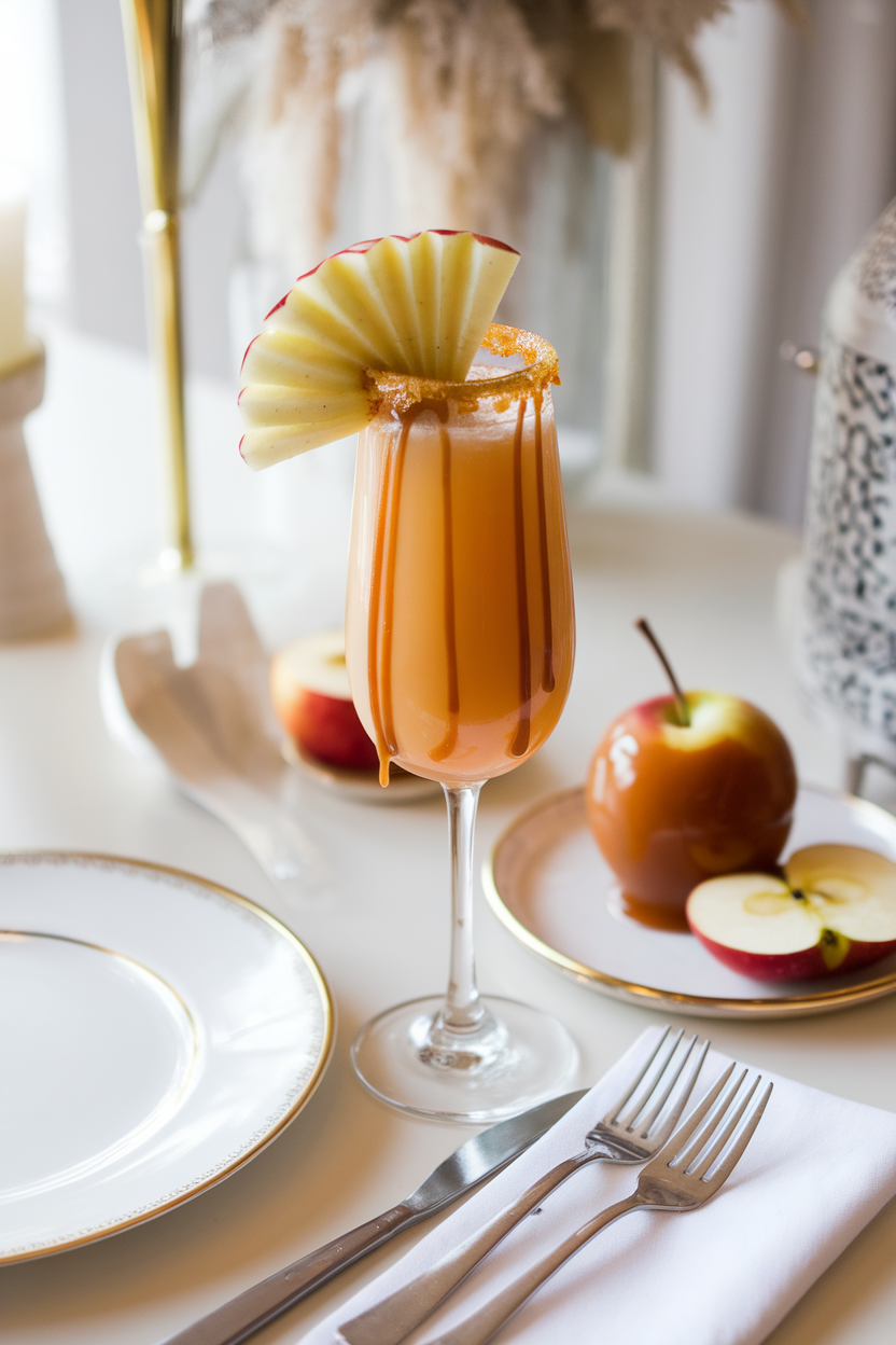 Indoor brunch table featuring a flute of caramel apple mimosa, caramel drizzle around rim, thin apple fan garnish. Photo, no text or logos.