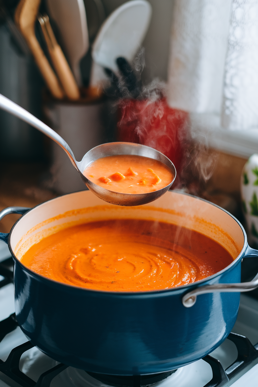 Indoor stovetop scene with a ladle hovering over a pot of bright orange carrot ginger soup, steam visible. No text or logos. Photo.