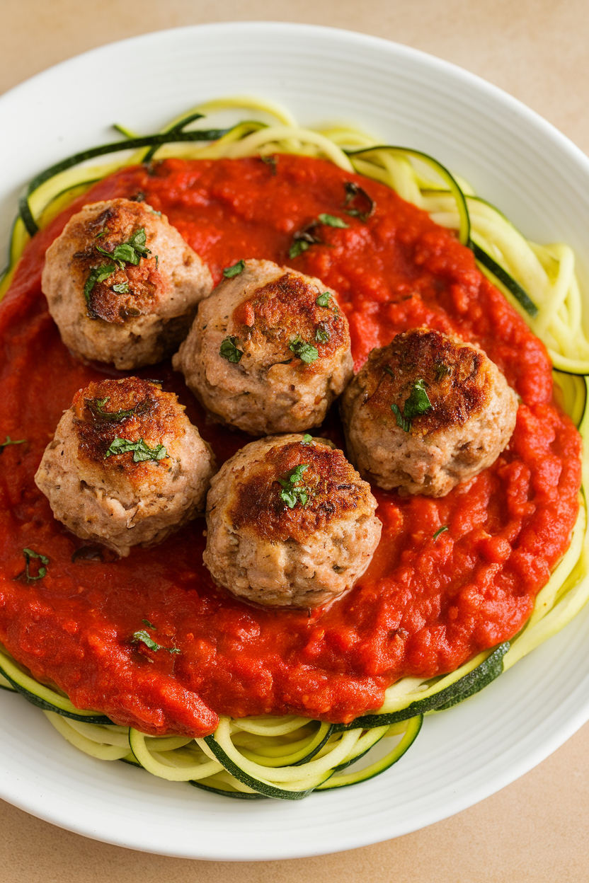Photo of baked turkey meatballs on a bed of zucchini noodles tossed in marinara sauce, shot indoors, no text or logos