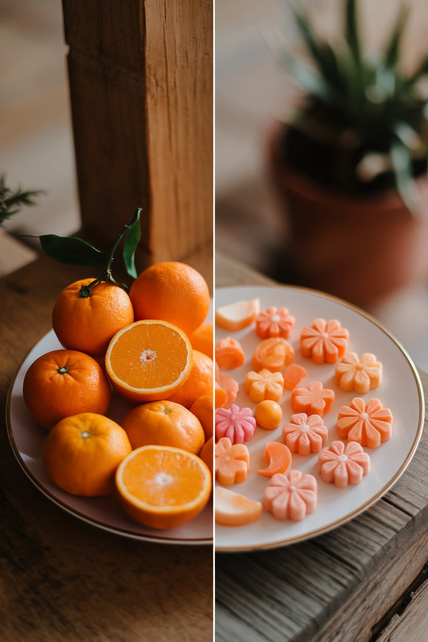 Side-by-side indoor photo: whole oranges on one plate, orange candy on another, no text or logos. Photo.