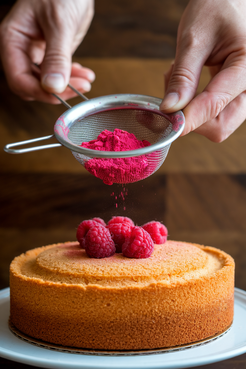Indoor shot of vibrant raspberry powder in a small sieve above a cake, no text or logos