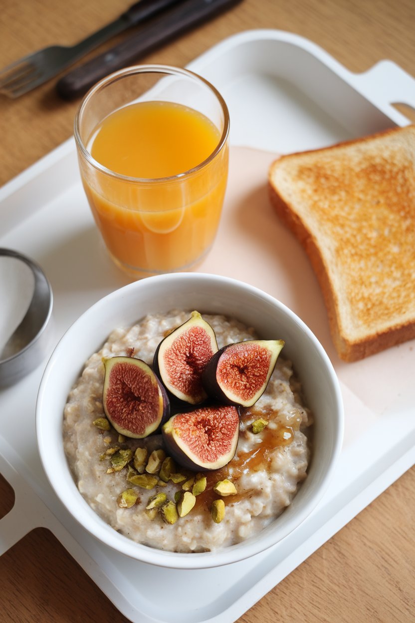 Indoor breakfast tray with a bowl of oatmeal topped with fresh fig halves, a drizzle of honey, and crushed pistachios. No text or logos. Photo.