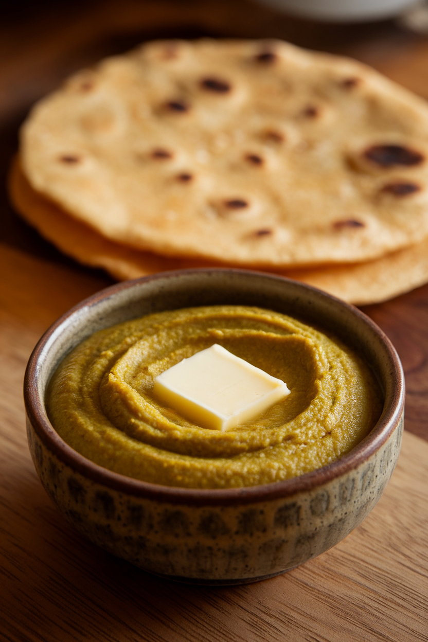 Photo prompt: An indoor bowl of velvety mustard-greens purée with a small pat of butter melting on top, makki roti in background. No text or logos.