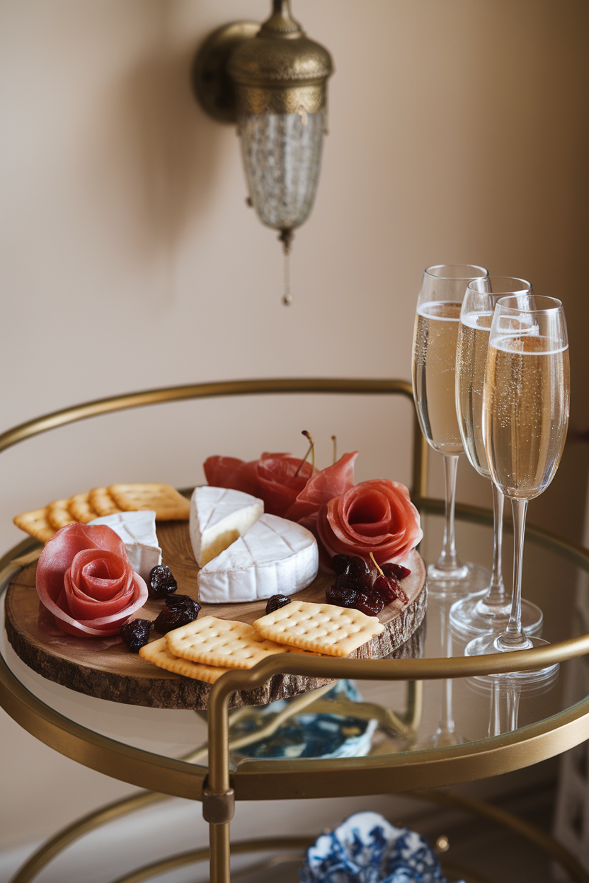 Indoor bar cart scene with a board holding triple-crème Brie wedges, prosciutto roses, dried cherries, and butter crackers next to flutes of bubbly; no text or logos