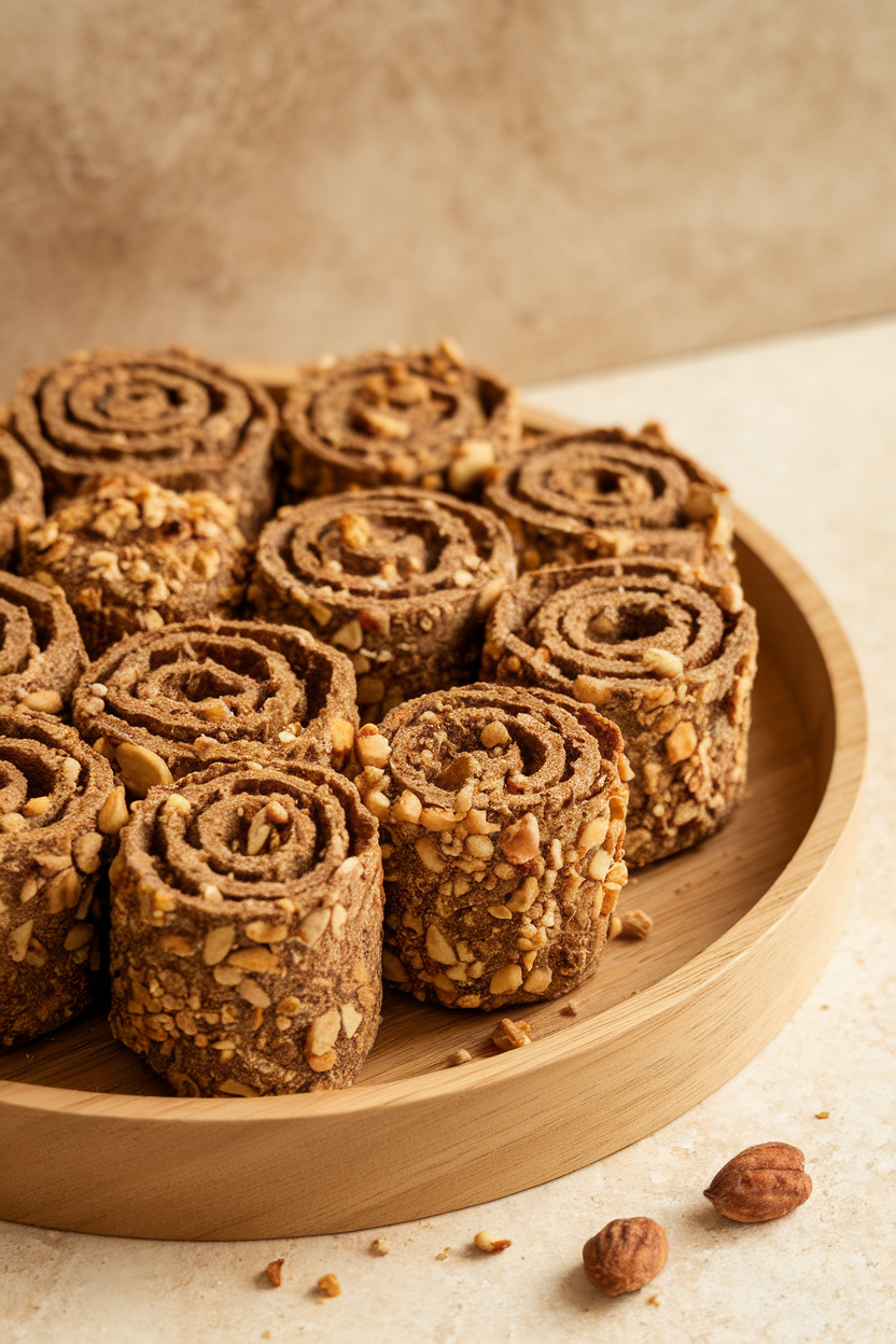 An indoor tray holding cylindrical pistachio date energy logs rolled in crushed nuts. Photo, no text or logos.